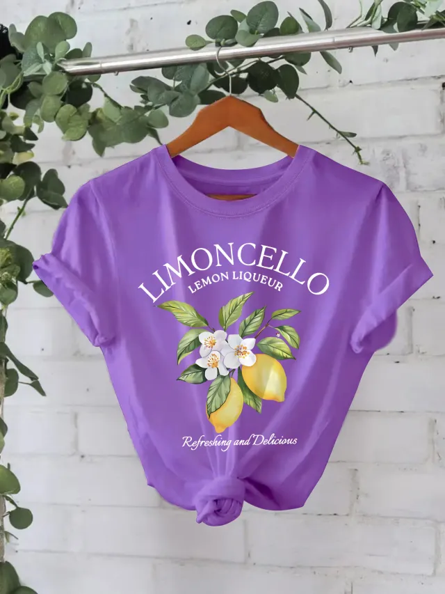 European And American Round Neck Lemon T shirt For Women Dark Purple - Shop at LoveMi