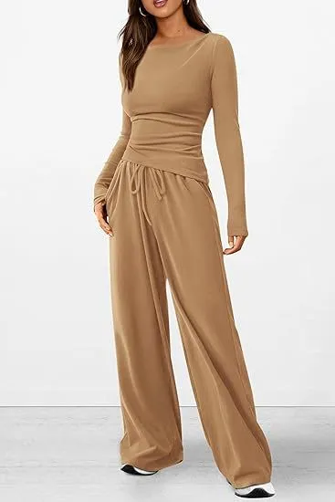 Casual Suit Asymmetric Long sleeved T shirt Wide leg Pants Sportswear Khaki - Shop at LoveMi
