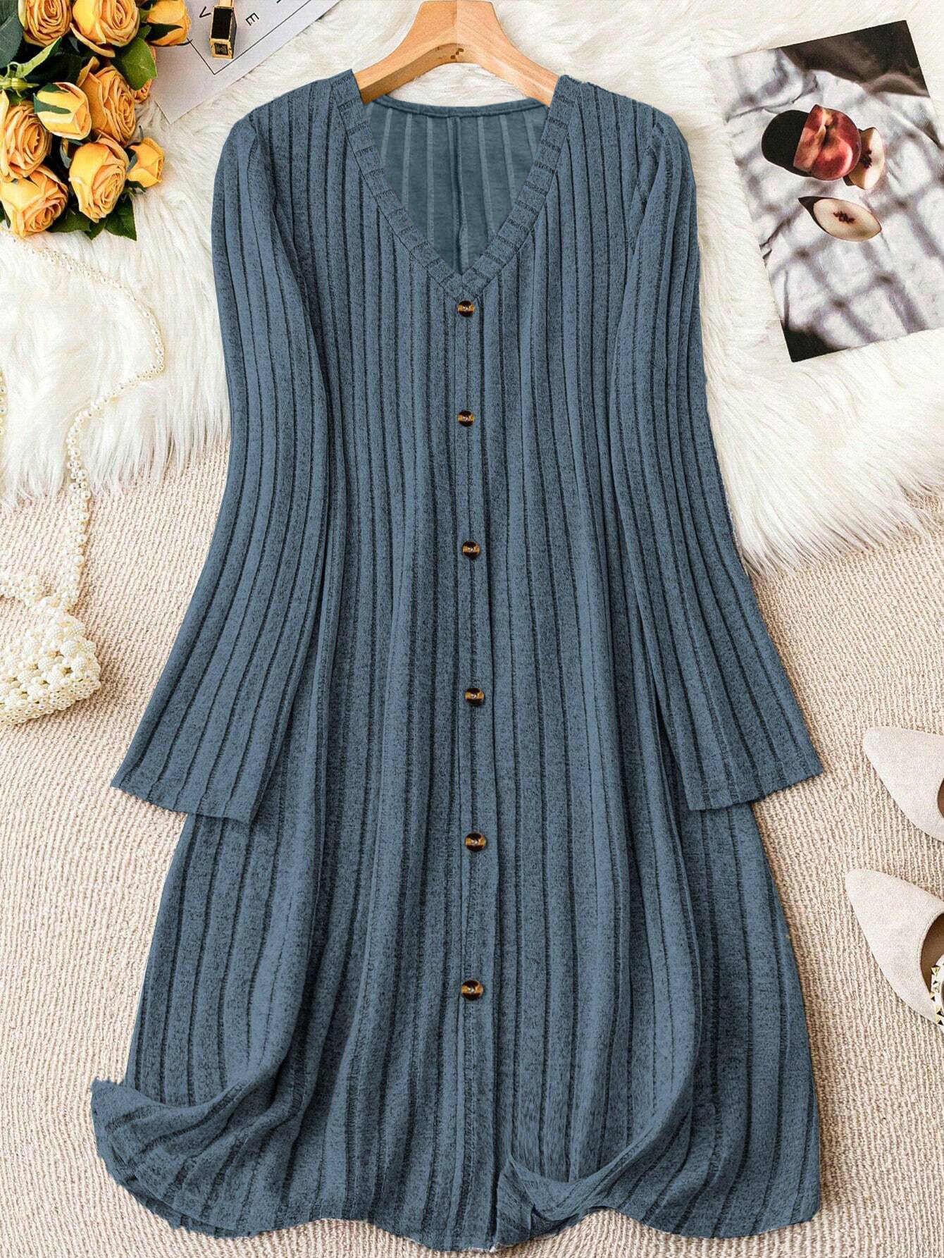 Solid color V neck Long sleeve Versatile Dress Sea Blue - Shop at LoveMi