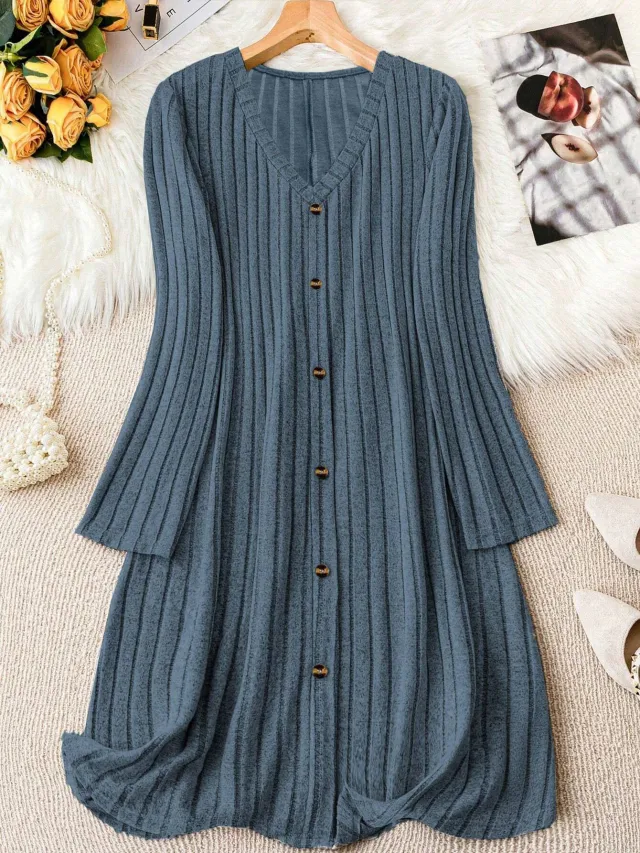 Solid color V neck Long sleeve Versatile Dress Blue - Shop at LoveMi