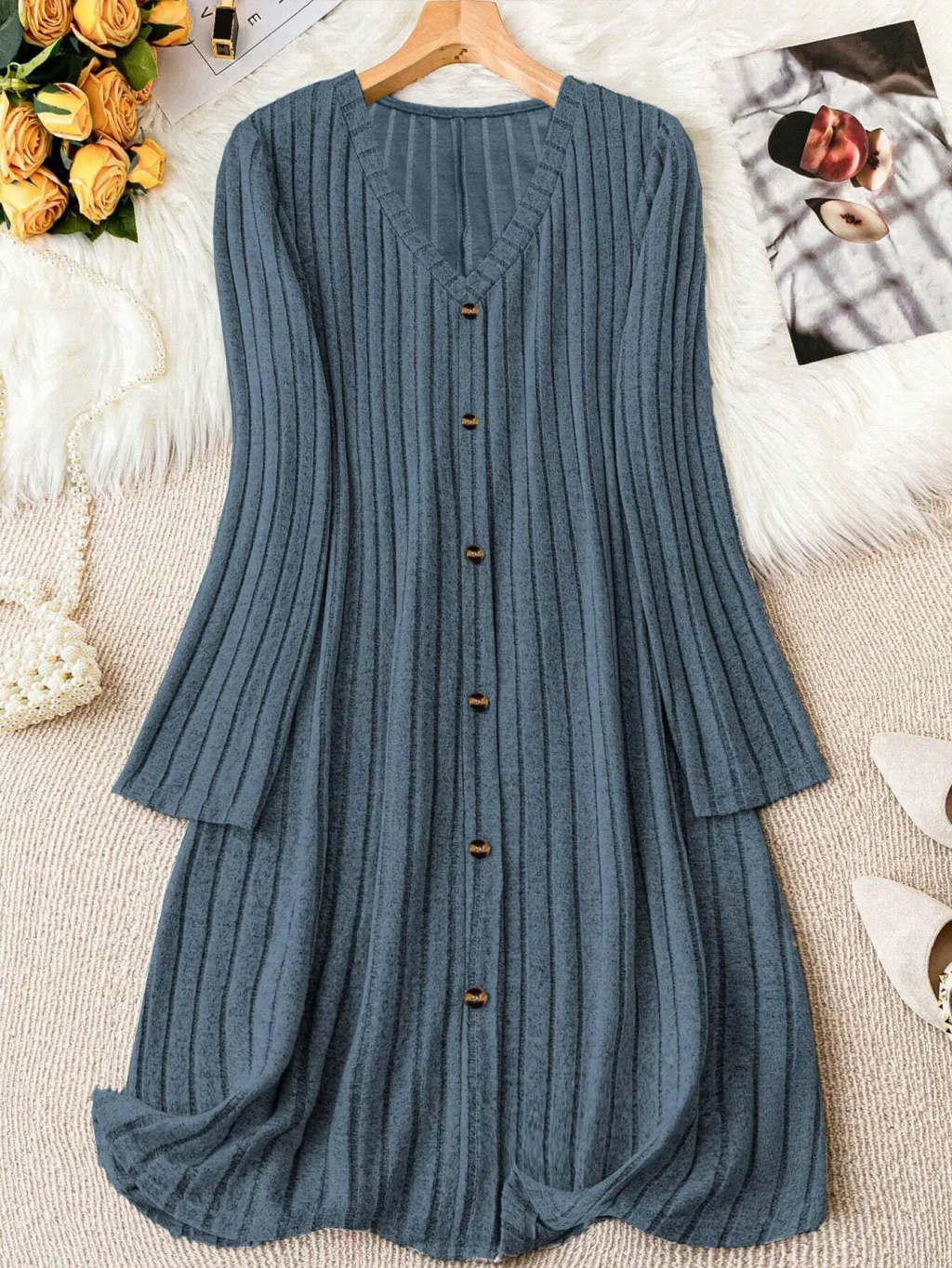 Solid-color V-neck Long-sleeve Versatile Dress - Blue