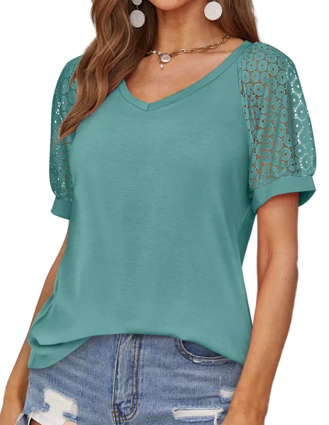V neck Lace Stitching Casual T shirt For Women Green - Shop at LoveMi