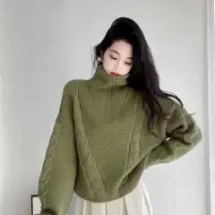 Women's Cashmere Turtleneck Zipper Pullover Sweater - Green - View 1