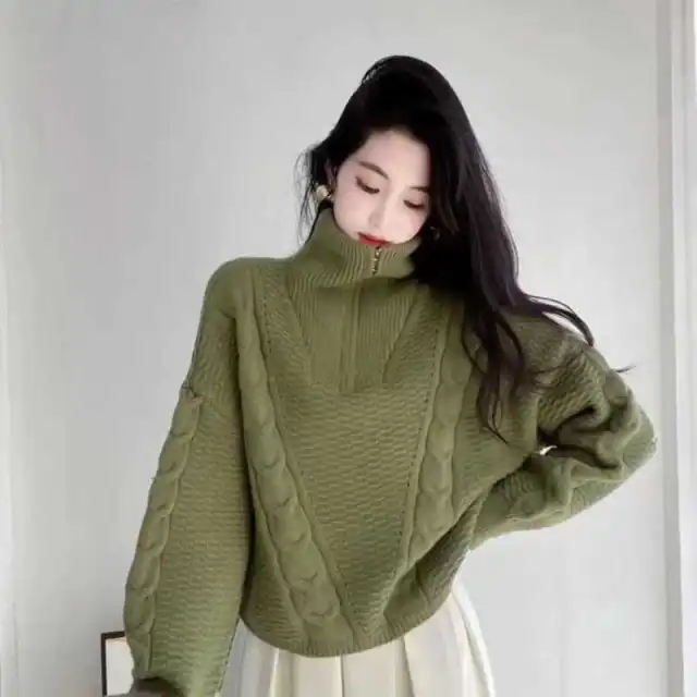 Women's Cashmere Turtleneck Zipper Pullover Sweater Green - Shop at LoveMi