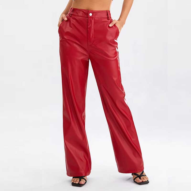 Women's Casual Loose-fit Leather Pants High Waist