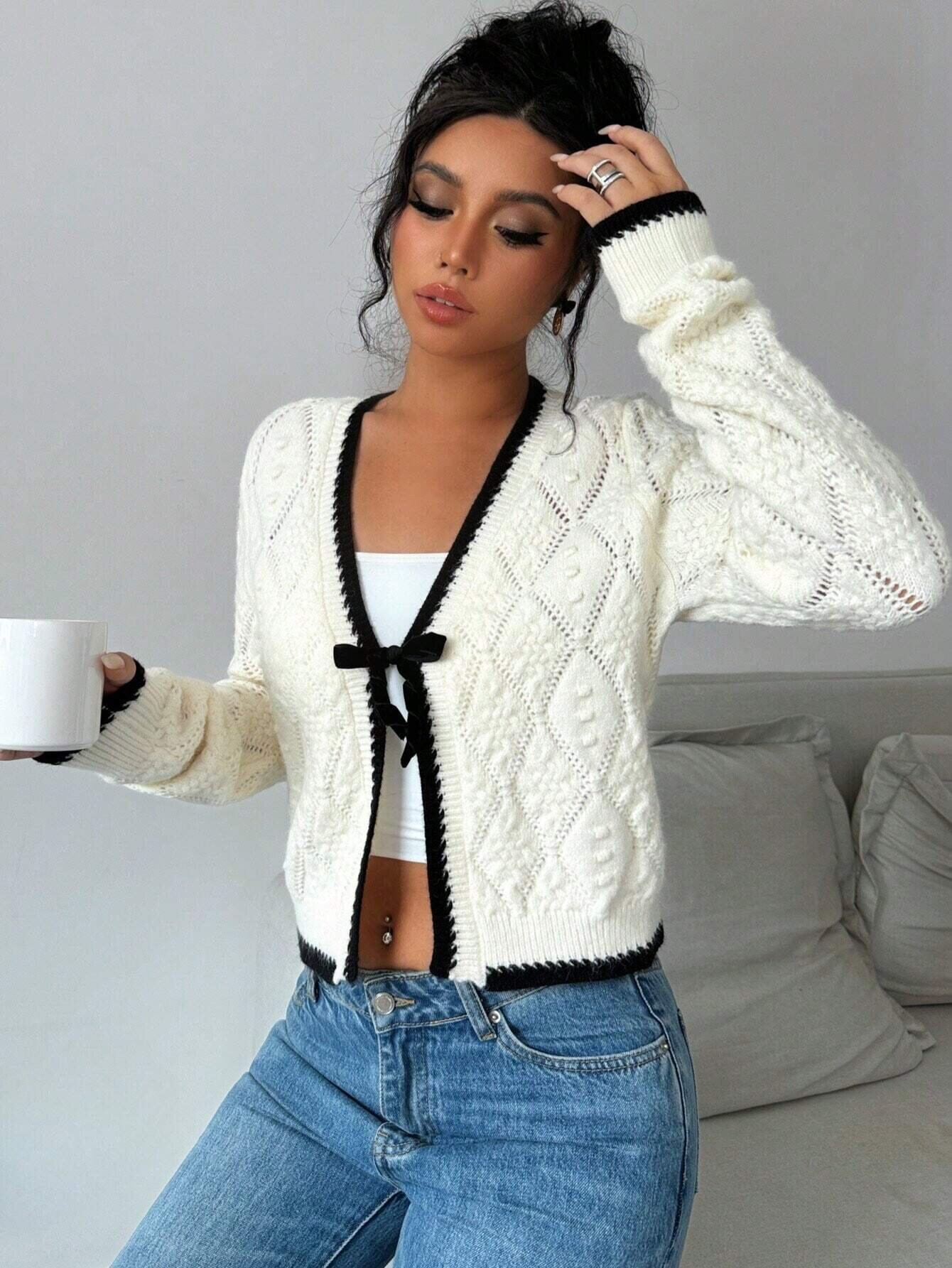 Title 3, Casual V-neck Bow Tie Knitted Jacket