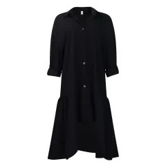 Long Sleeve Irregular Midi Dress Solid Color Plus Size - Black - View 1