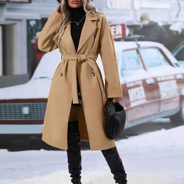 Lapel Double breasted Trench Coat With Belt Winter Fashion Solid Color Long Jacket Outwear Women Clothing Khaki - Shop at LoveMi