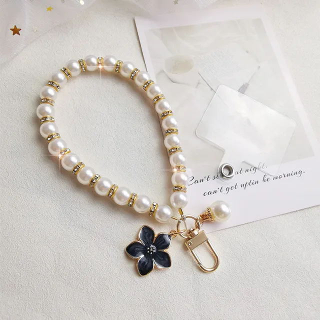 Mobile Phone Lanyard Pearl Pendant Flower Keychain Black Flowers - Shop at LoveMi