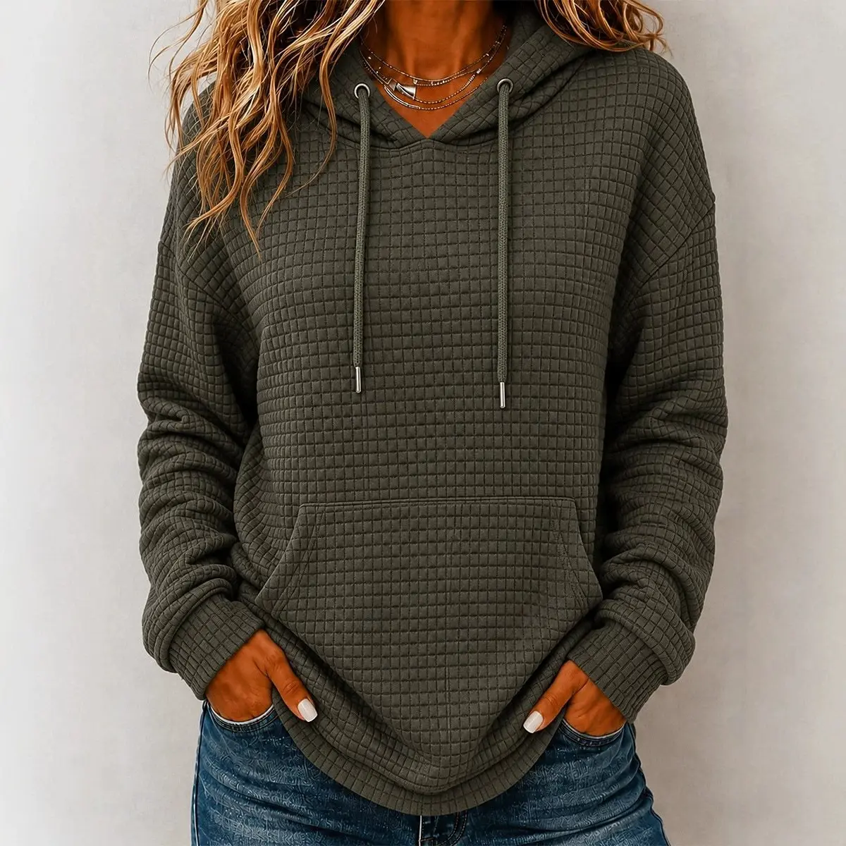 Womens Loose-Fit Long-Sleeve Drawstring Hoodie Casual All-Match