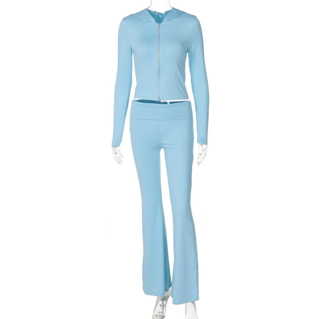 Women's Long sleeve Zipper Hooded Top Flared Pants Suit Blue - Shop at LoveMi