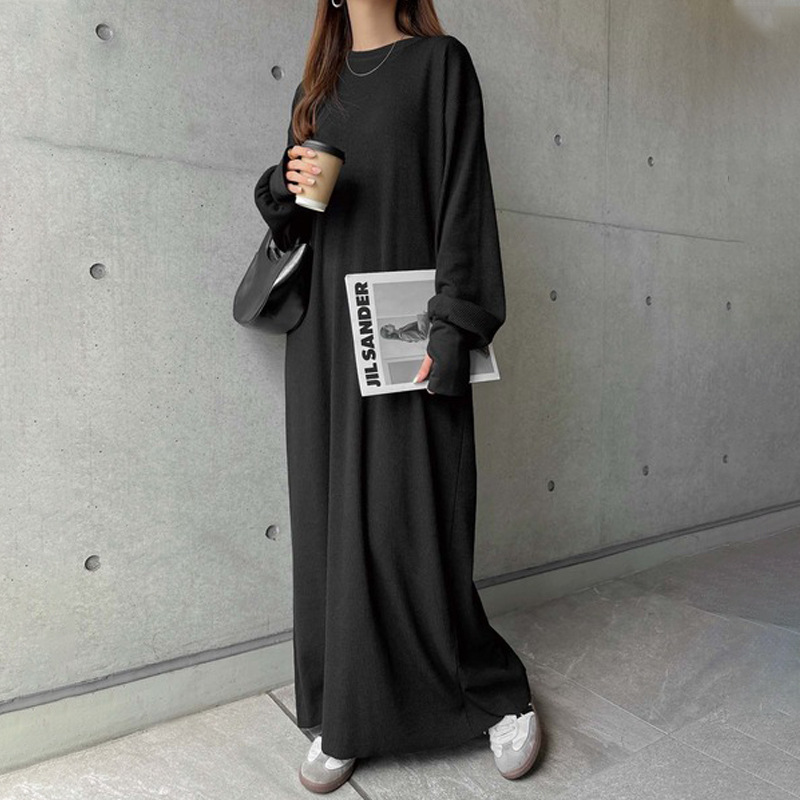 Simple And Sophisticated Solid Color Loose Slim Knee length Long Sleeve Dress Black - Shop at LoveMi