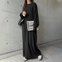 Simple And Sophisticated Solid Colour Loose Slim Knee-length Long Sleeve Dress - Black - View 1