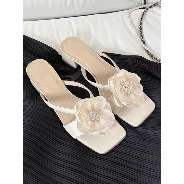 Fashion Flower Chunky Heel Square Toe One line Women's Sandals Beige - Shop at LoveMi
