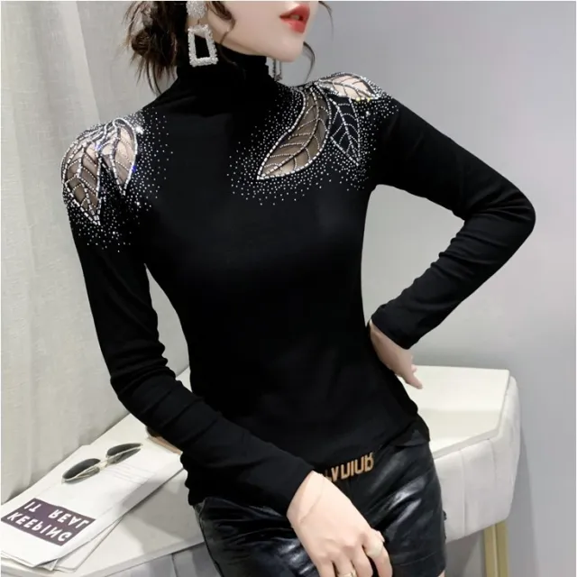 Winter New High Neck Hollow Rhinestone Long sleeved T shirt Fleece lined Keep Warm Inner Match Bottoming Shirt Top Black Regular Style - Shop at LoveMi