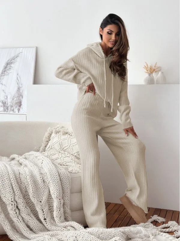 European And American Autumn And Winter Leisure Solid Color Hooded Knitted Long sleeve Suit Khaki - Shop at LoveMi
