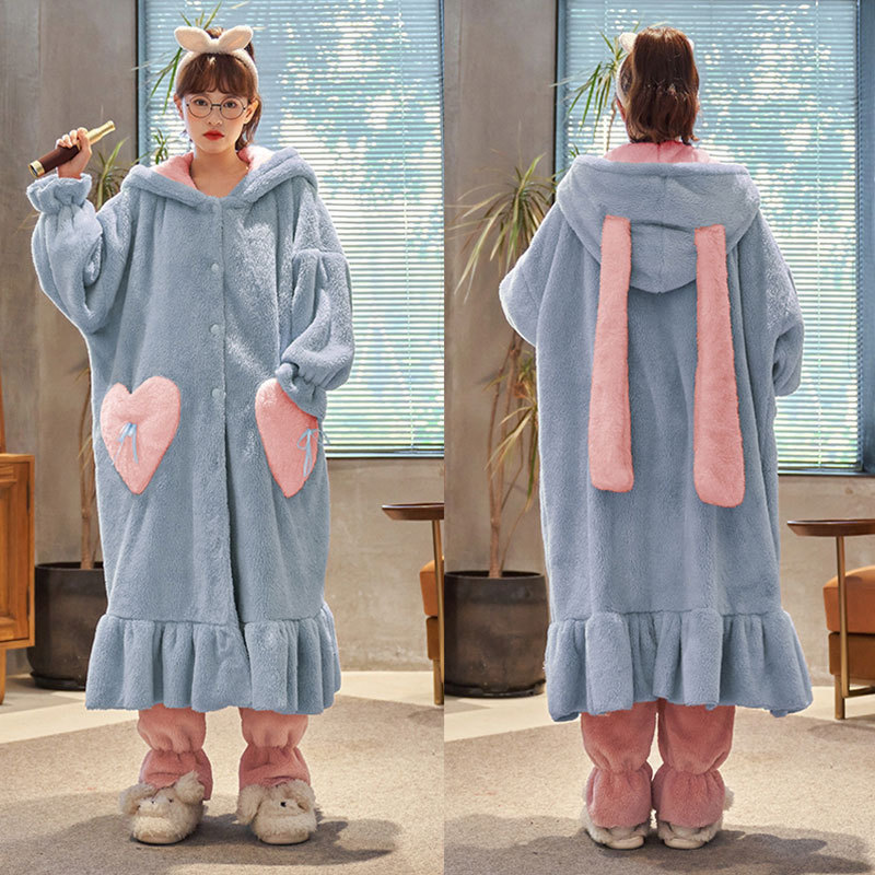 Title 5, Coral Fleece Long Nightgown Long Ears Hooded Ho...