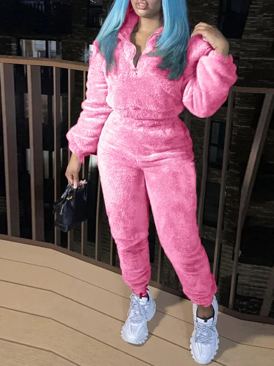 Women's Long sleeved Trousers Fashion Plush Suit Pink - Shop at LoveMi