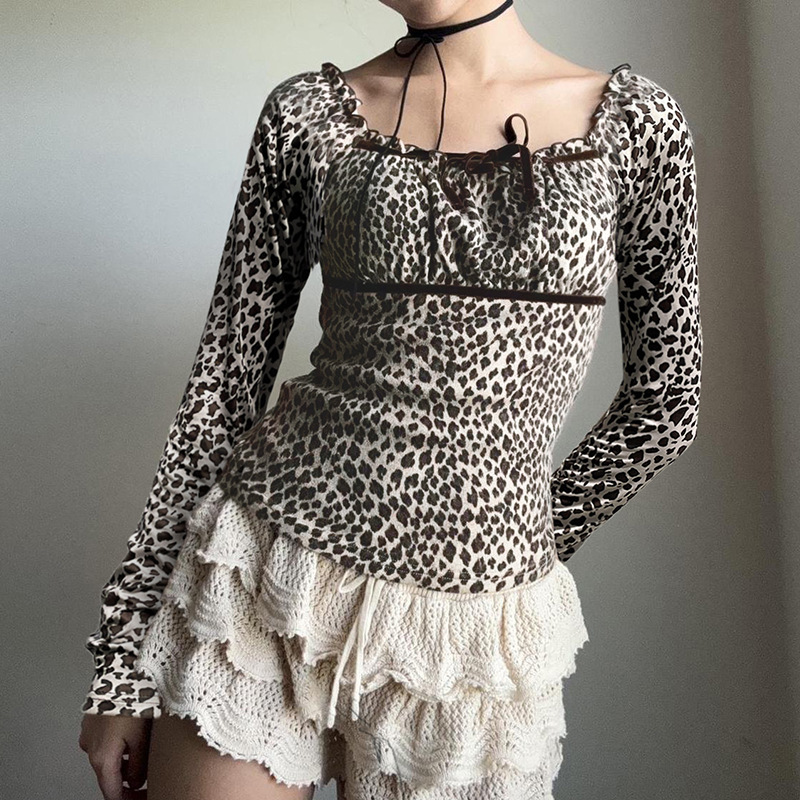 European And American Leopard Print Long Sleeve Top For Women