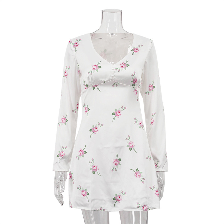 Long Sleeve V neck Satin Printed Mini Dress White - Shop at LoveMi
