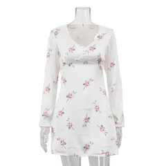Long Sleeve V-neck Satin Printed Mini Dress - White - View 1