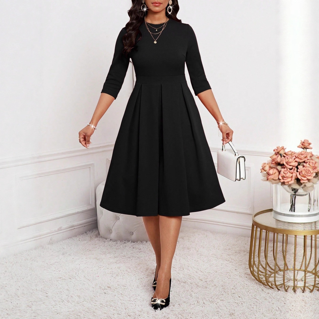 Elegant Solid-color Figure-flattering High-end Chic Slim-fit Dress For Women