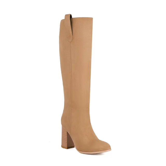 Long Boots Female Suede Chunky Heel Round Toe Apricot - Shop at LoveMi