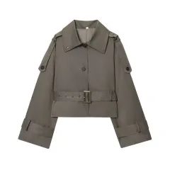 Women's Stand Collar Lapel Trench Coat Long Sleeve Coat - Tan - View 1