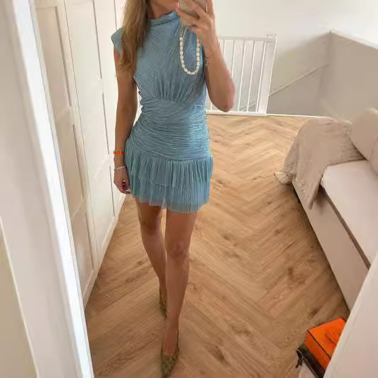 Round Neck Sleeveless Slim fit Pleated Mini Skirt Blue - Shop at LoveMi