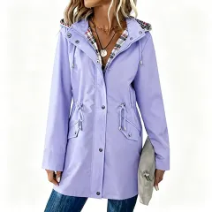 Ladies Hooded Drawstring Nipped-waist Plaid Coat - Violet - View 1