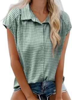 New Button-down Short-sleeve Casual Plaid Shirt - Green - View 1
