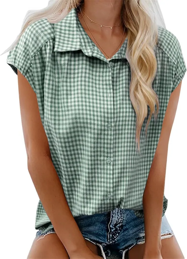 New Button down Short sleeve Casual Plaid Shirt Green - Shop at LoveMi