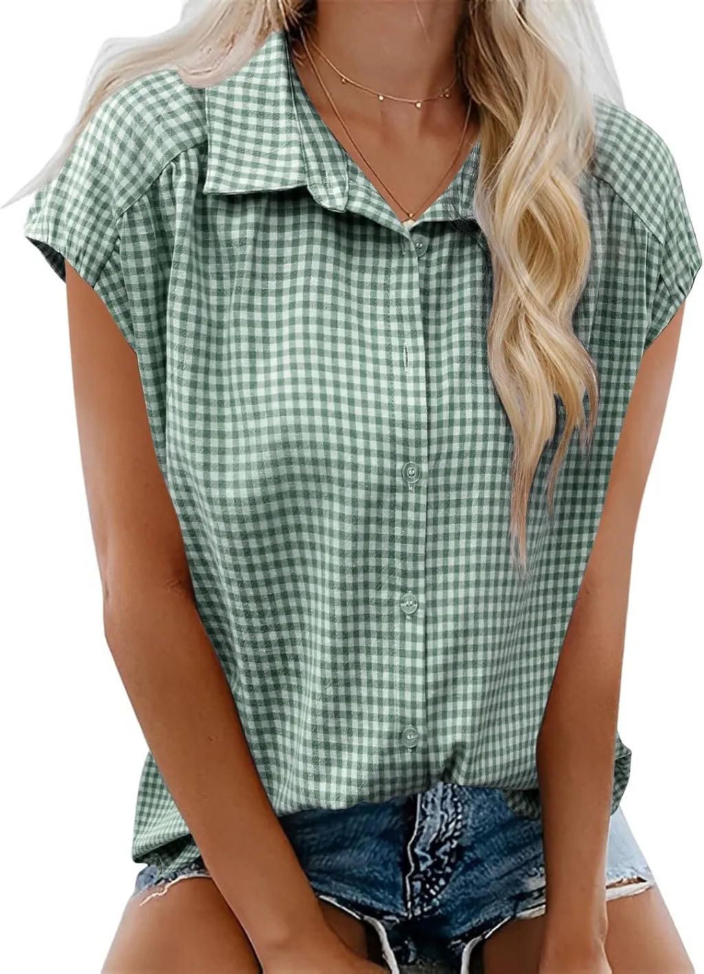 New Button-down Short-sleeve Casual Plaid Shirt - Green
