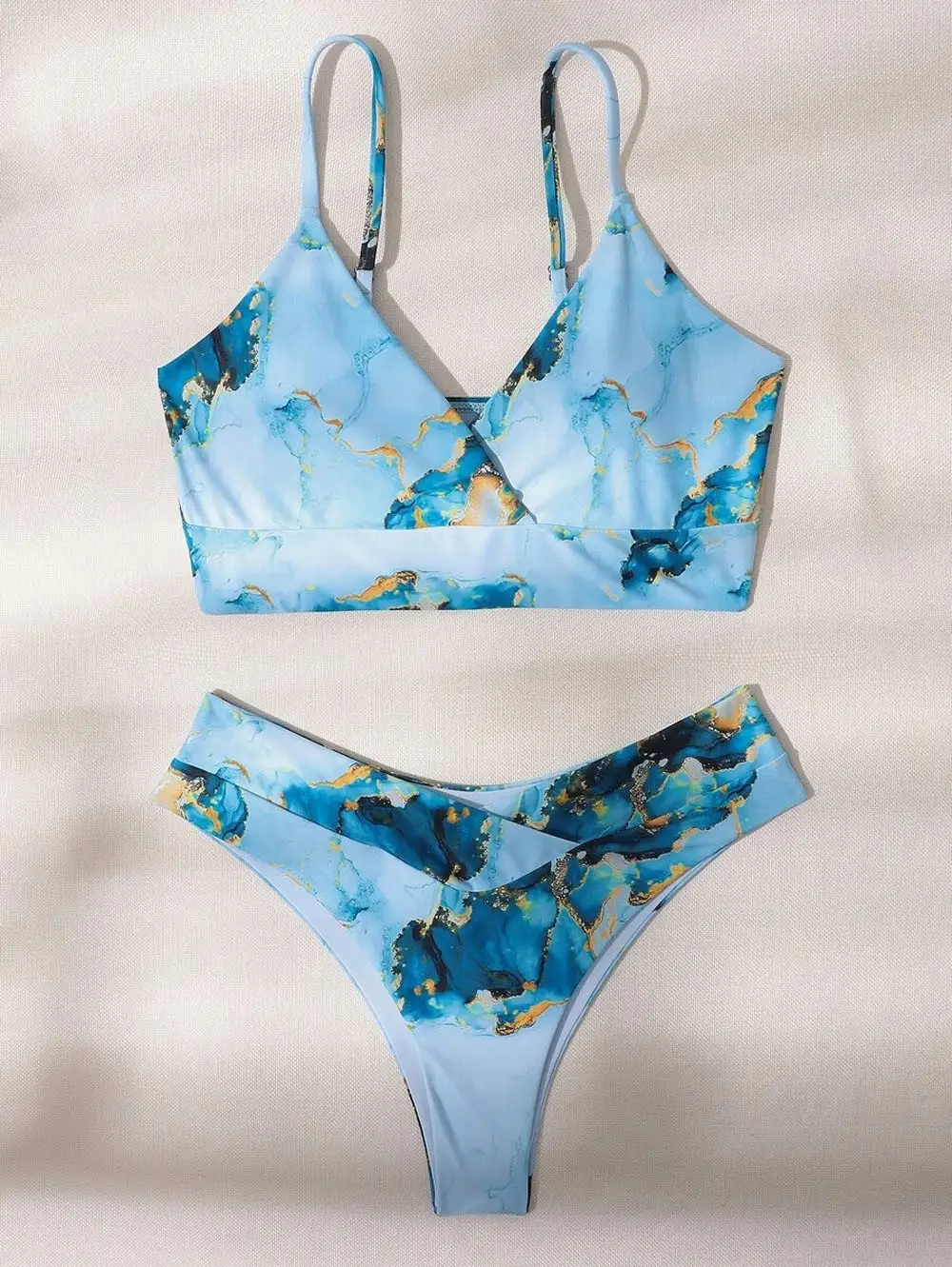 Marble Tie-dye Printing Women's Seperated Swimwear U-neck High Waist Bikini