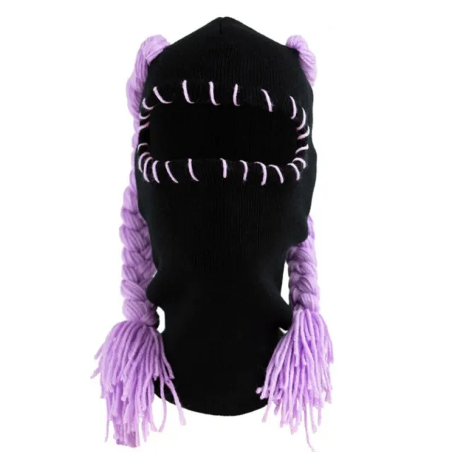 Double Ponytail Hat Wig Adult Autumn And Winter Warm Pullover Cap Festival Funny Knitted Hat Black And Purple Braid - Shop at LoveMi