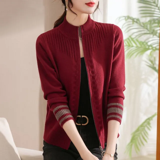 Stand Collar Zipper Wool Cardigan Coat For Women Burgundy - Shop at LoveMi