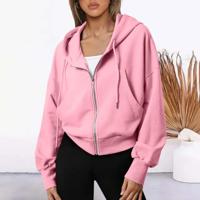 Zipper Long Sleeve Casual Sports Fashion Short Sweater Pink - Shop at LoveMi