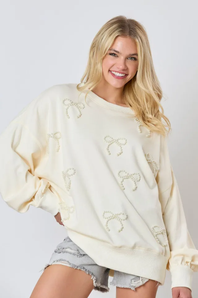 Autumn And Winter New European And American Pearls Bow Decoration Long sleeved Sweater Beige - Shop at LoveMi