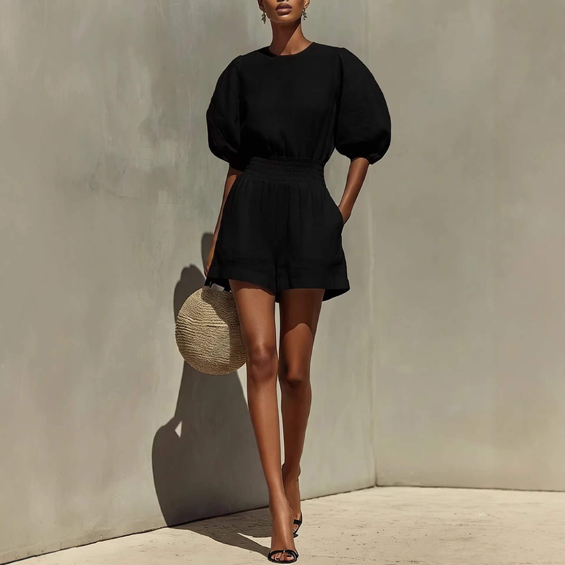 Women's Puff-Sleeve Set in Pink – Color Options Styled View