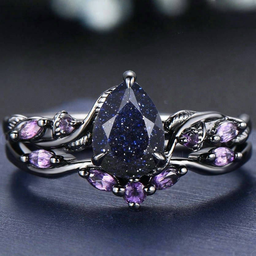 New Electroplated Gun-Black Starry Sky Waterdrop Gemstone Couple Rings