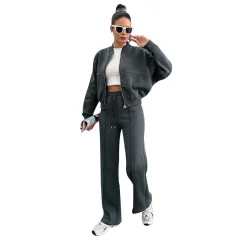 Fleece Zipper Cardigan Women's Clothes Fashion Casual Straight Pants Suit - Gray - View 1