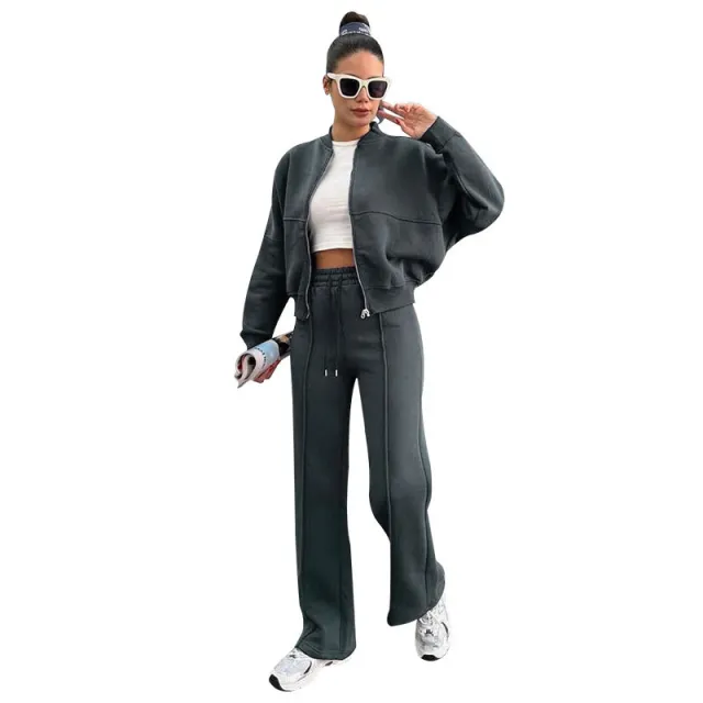 Fleece Zipper Cardigan Women's Clothes Fashion Casual Straight Pants Suit Gray - Shop at LoveMi