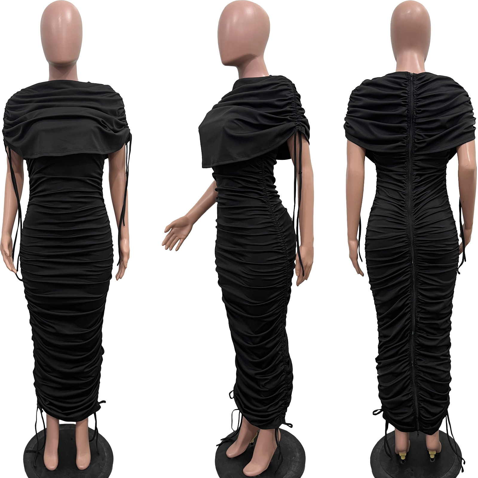 Pleated Drawstring Zipper Irregular Dress