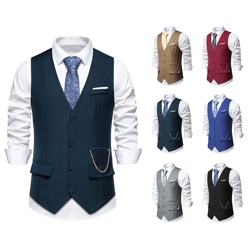 New Men's Solid Color Suit V-neck Single Breasted Chain Vest