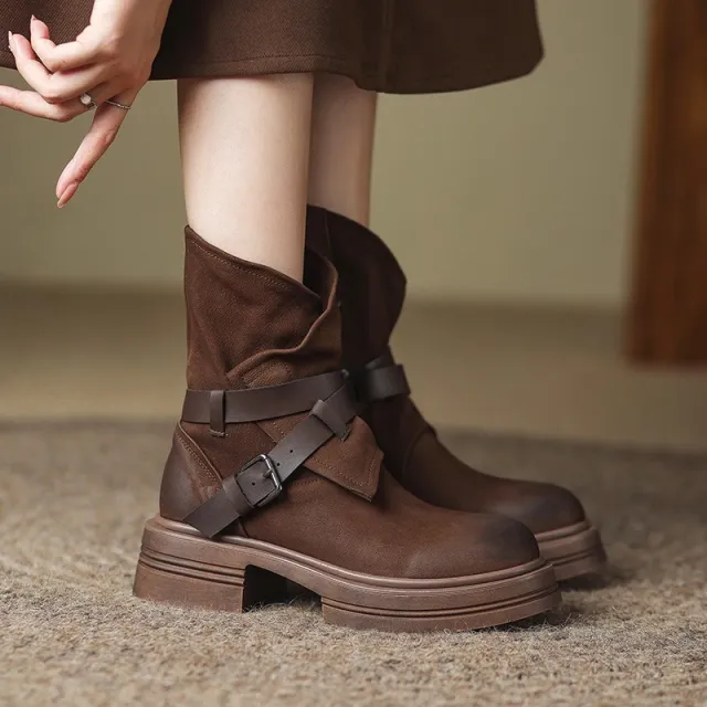 Brown Retro British Style Ankle Boots Autumn Winter Brown - Shop at LoveMi