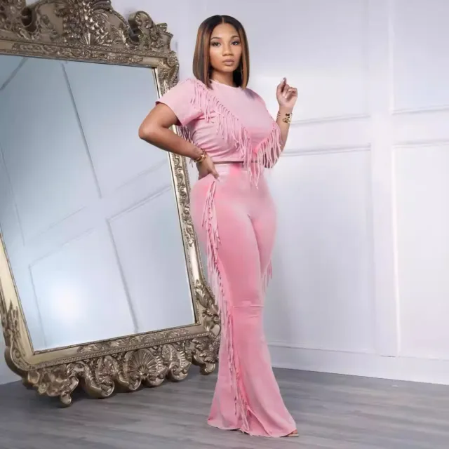 Comfort And Casual Tassel Top Wide Leg Pants Suit Two piece Set Pink - Shop at LoveMi
