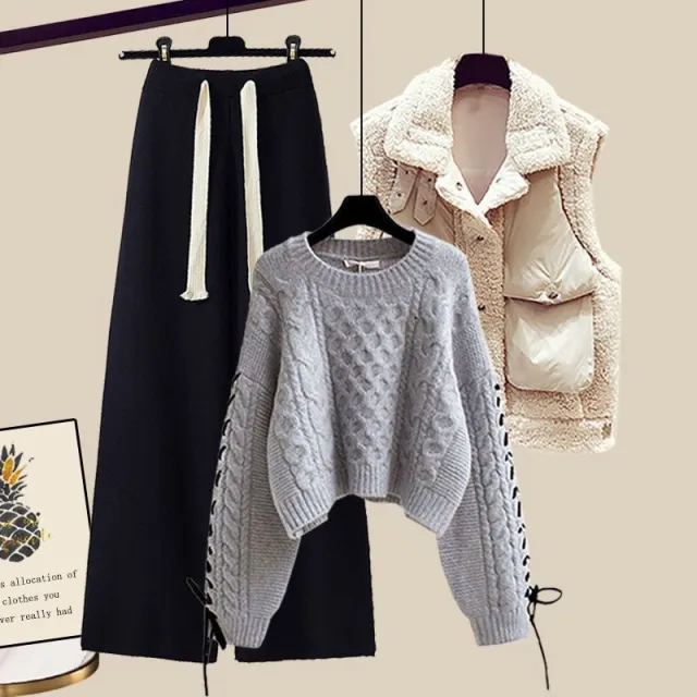 Women's Autumn And Winter Thickened Vest All matching Knitted Sweater Wide Leg Pants Three piece Suit Style6 - Shop at LoveMi