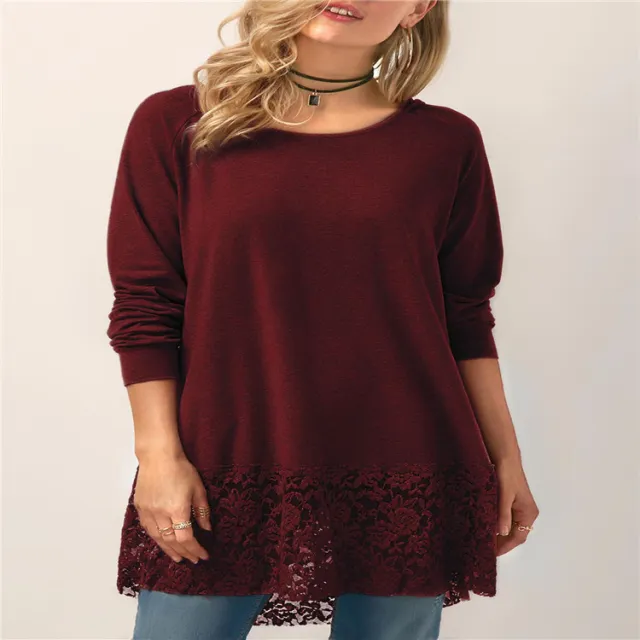 Lace Stitching Hooded Solid Color Long sleeved T shirt Red - Shop at LoveMi