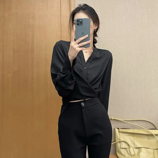 Design Commuter Young Style French Clavicle Cross Tied Top Women Black - Shop at LoveMi