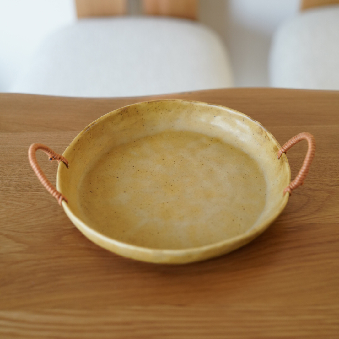 Handmade Stoneware Fruit Plate Retro Rope Holding Binaural Snack Dish